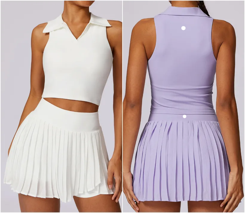 8600 Womens Yoga Outfit Yoga Sets Skirts Vest Tennis Sport Gym Running Casual Shorts Elastic High Waist Sportwear Lined Turn-Down Collar