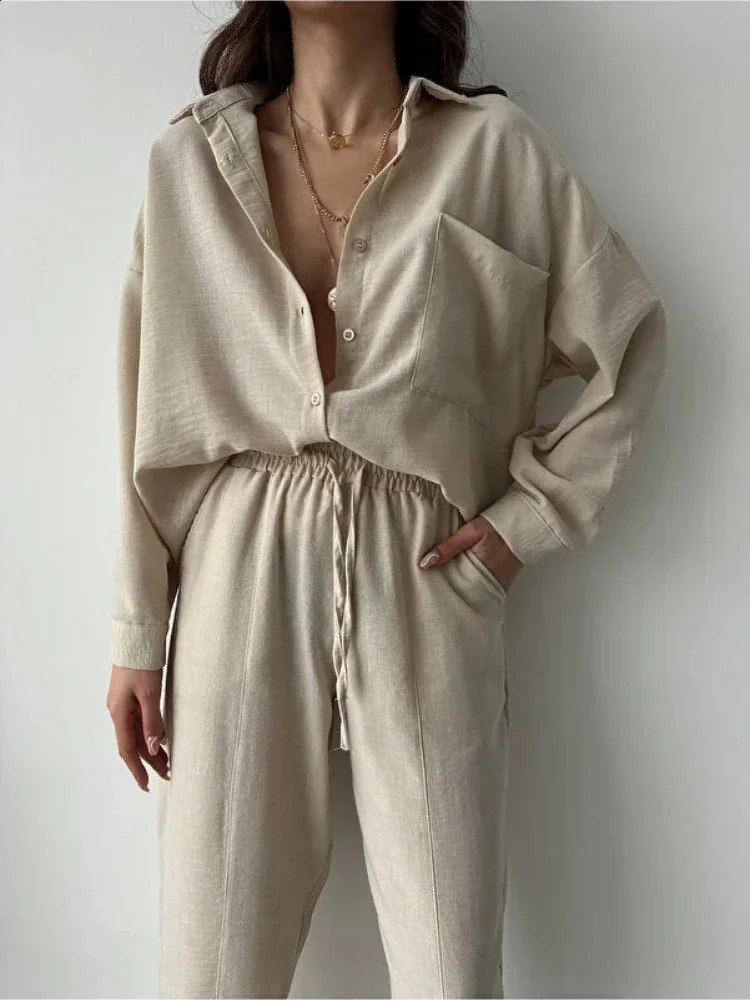 Summer Fashion Matching Collection Womens Loose Single Breasted Top High Waist Wide Leg Pants Cotton Linen Two Piece Set 240731