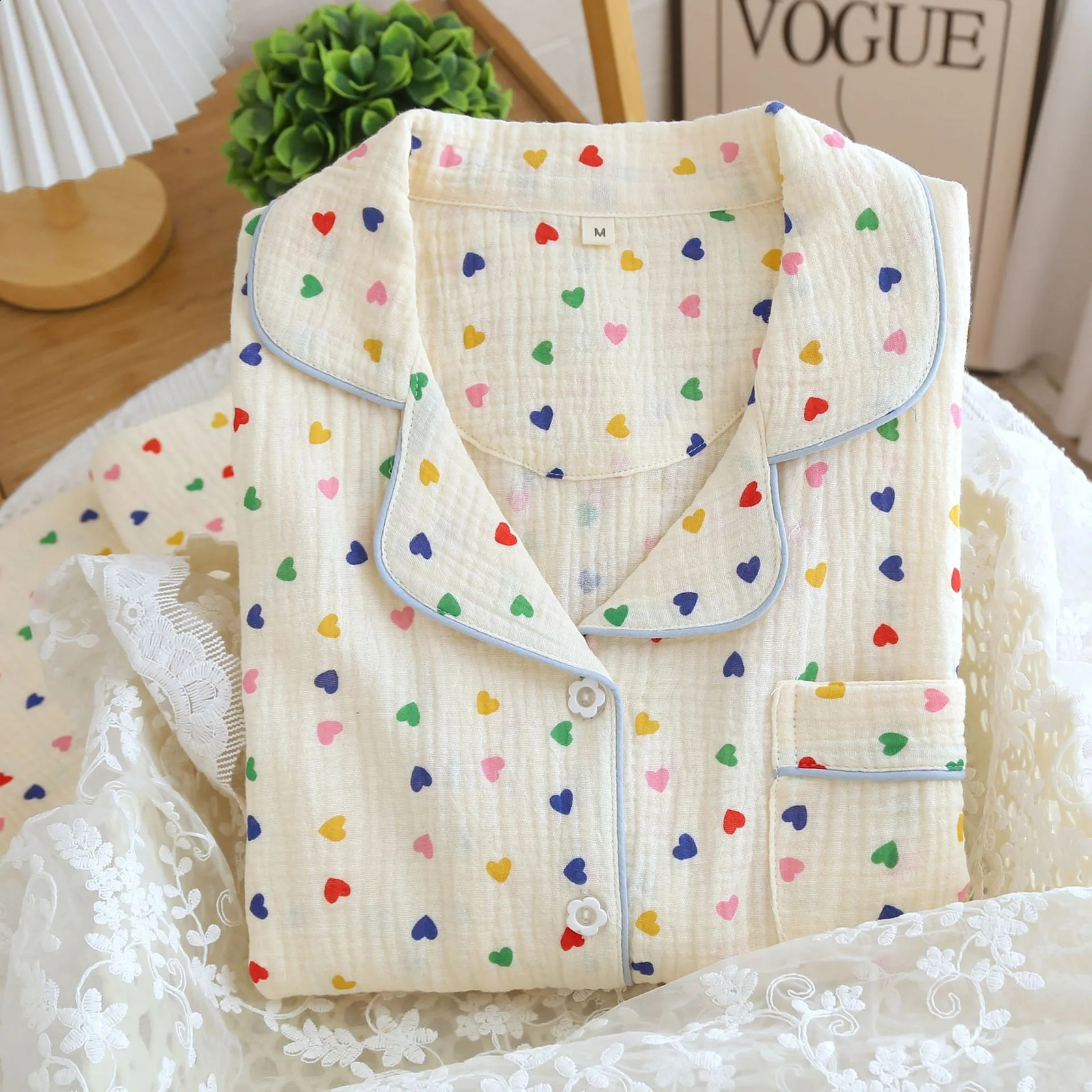 Japanese Spring/Summer Womens Pajama Set 100% Cotton Crepe Long Sleeve Colorful Hearts Thin Home Cute Pajamas Ladies 240731