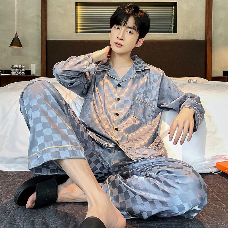 Men Pajamas Set Satin Silk Large Size Pyjamas Spring Autumn Sleepwear Home Clothes Plaid Nightwear Big 4X Long Sleeve Night Suit 240731