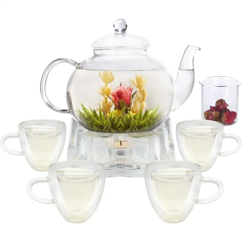 Glass Teapot Set 40OZ/1200ml Stovetop Safe Glass Tea Kettle with Removable Infuser Tea Warmer Tea Cups and Saucers Set of 4 240731