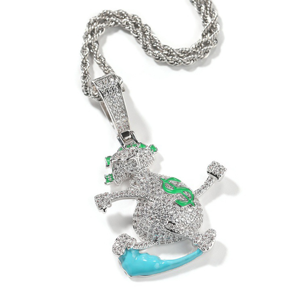 Hip Hop Running Money Bag Pendant Necklace TopBling 5A Zircon Rap Mens Jewelry