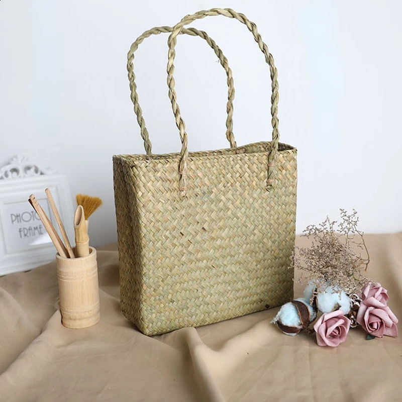 Basket Straw Tote Bags for Women Rattan Handmade Beach Hand Ladies Bamboo Woven Holiday Shoulder Bag 240730