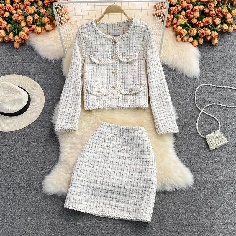 Fashion Two Piece Skirt set autumn winter short suit jacket womens top high waisted and hip wrapped skirt 240731