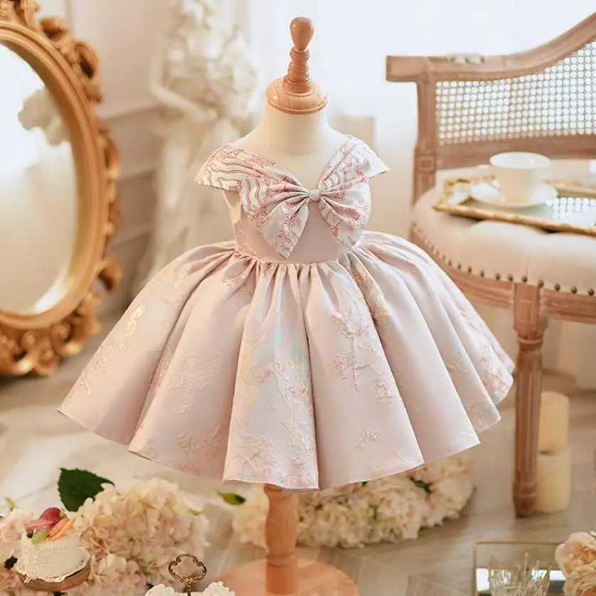 Girl's Dresses 2023 New Children Boutique Lolita Princess Gown Bow Sleeveless Design Wedding Birthday Baptism Eid Party Girls Dresses A3188