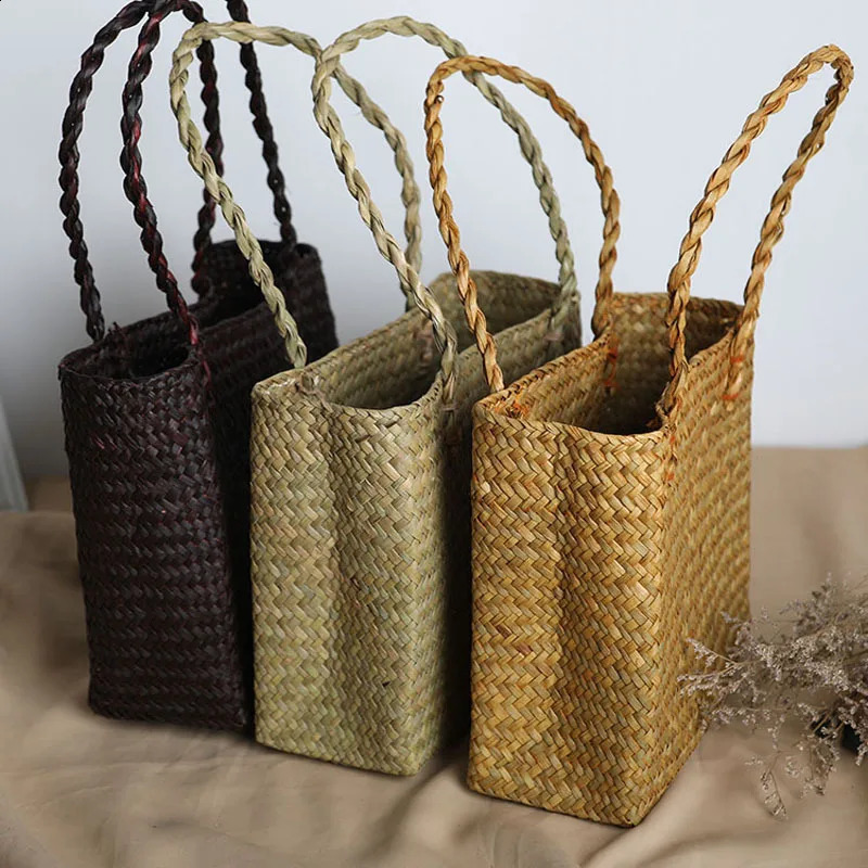 Basket Straw Tote Bags for Women Rattan Handmade Beach Hand Ladies Bamboo Woven Holiday Shoulder Bag 240730