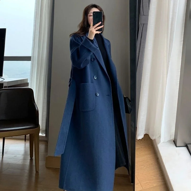 Autumn Winter Women Woolen Cloth Coat Warm Long Length Double Breasted Navy Blue Female Elegant Outerwear Loose Belt Overcoat 240729