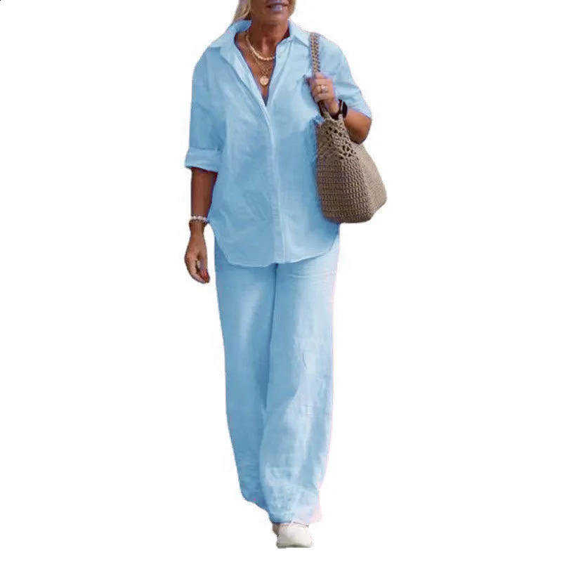 Womens Suit Plus Size Casual Linen Lapel Long-sleeved Shirt Suit Summer Solid Color Trousers Wide-leg Pants Two-piece Set 240730