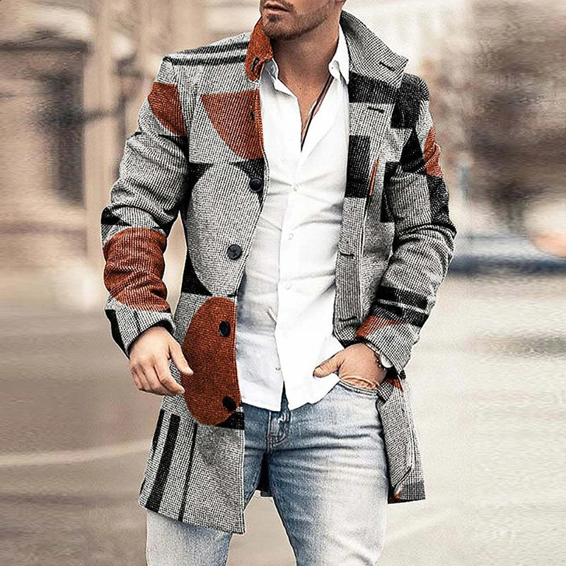 Autumn Winter Retro Print Woolen Coat Men Casual Single Breasted Lapel Long Sleeve Coat Men Fashion Loose Pocket Mid Long Jacket 240731