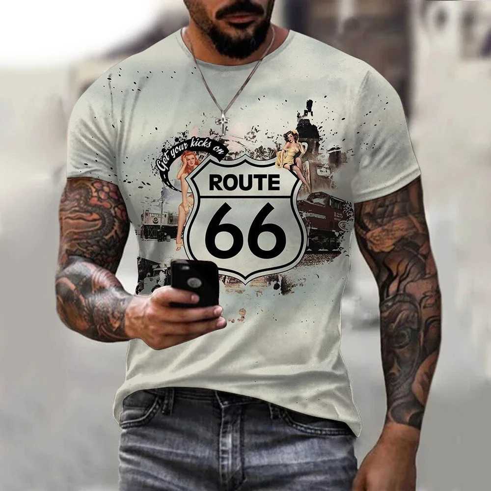2024 Summer New Male T-Shirts Of Large Sizes Vintage Loose Clothing Short Fashion America Route 66 Printed Letters Men Tops TeeM240731
