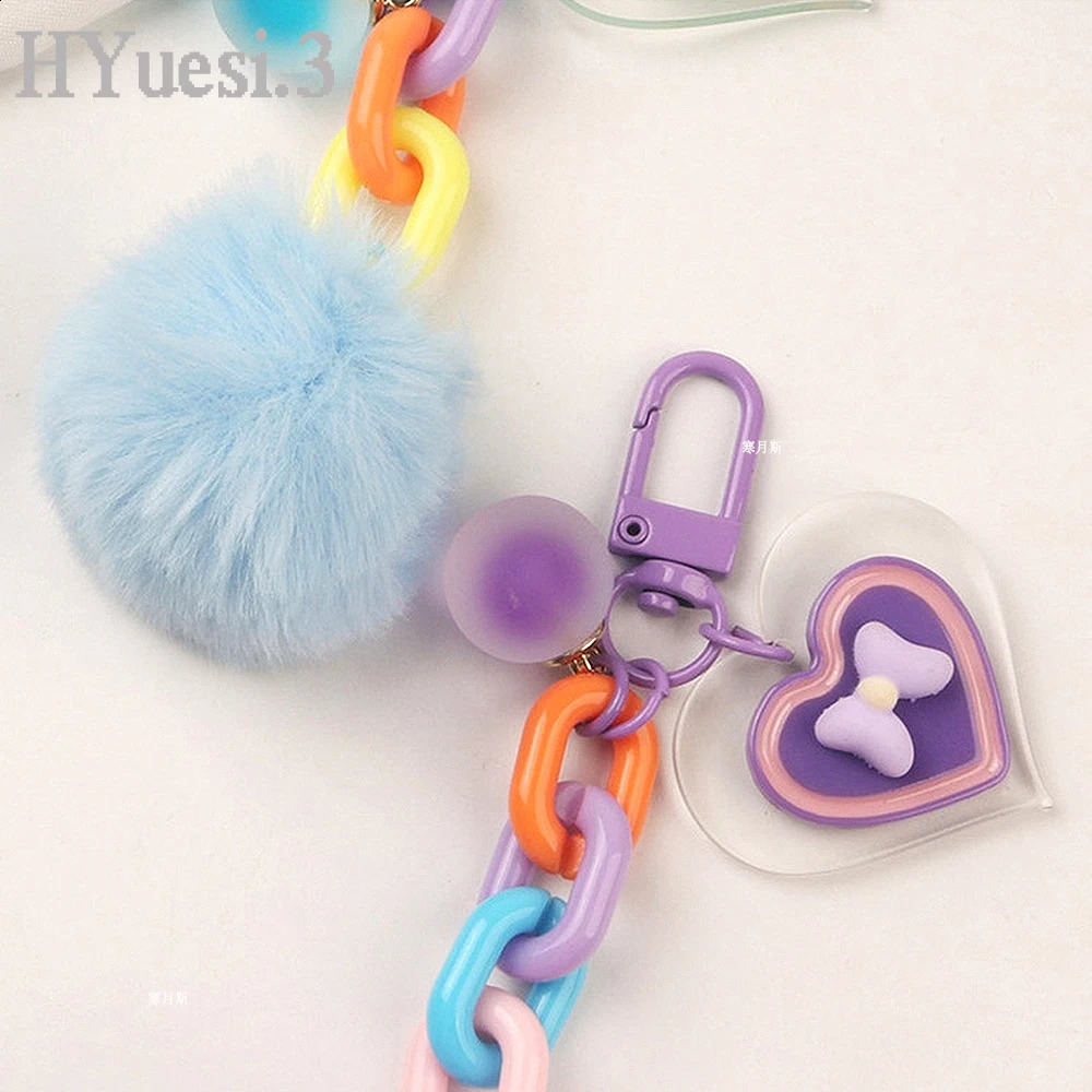Classic Plush Keychain Colorful Acrylic Chain Heart Pompom Keyrings For Women Girls Wallet Bag Ornaments 240731
