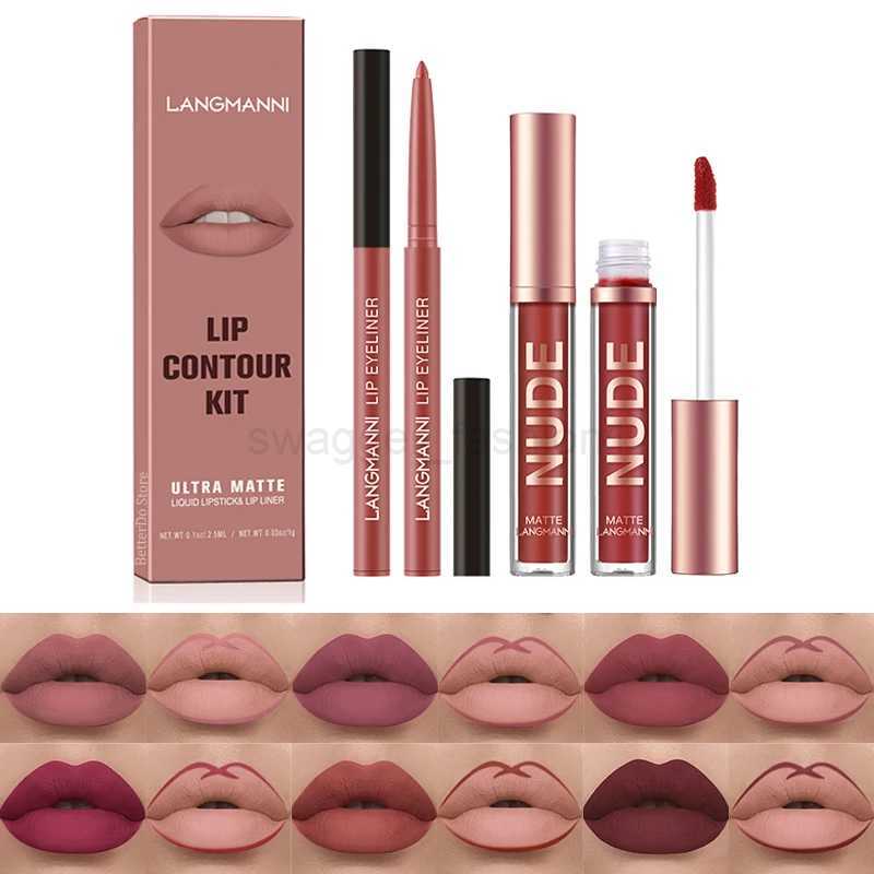 2pcs/set Lip Liner Pencil Nude Lip Gloss Combination Makeup Liquid Lipstick Waterproof Sexy Red Lip Contour Tint Kit CosmeticsXJ240731