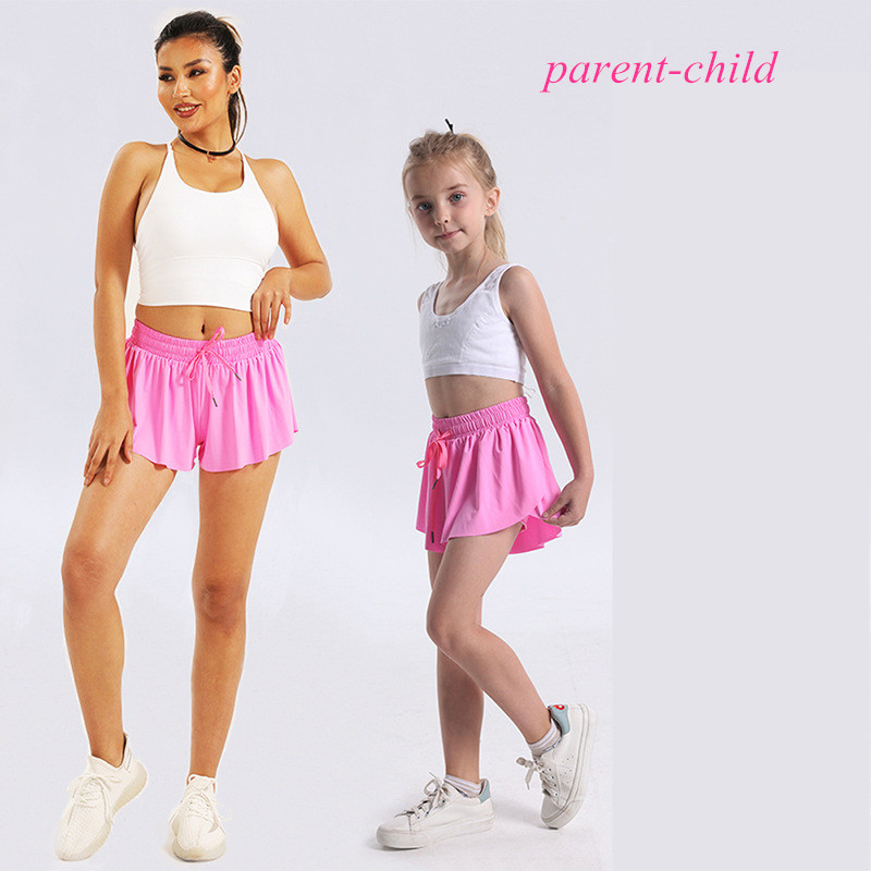 LLL1208 Kids Women Yoga Shorts Outfits High Waist Parent-child Outfit Sportswear With Pockets Fitness Wear Short Pants Girls Running Elastic Double-deck Lining