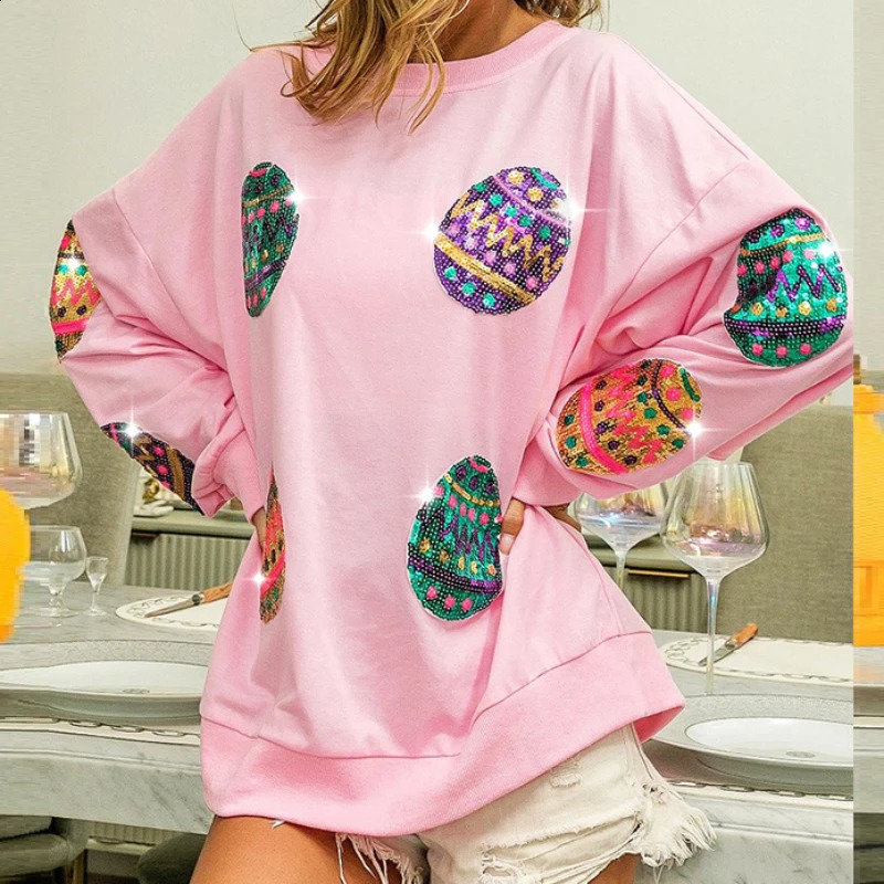 Easter Egg Women Sequin Hoodies Autumn Winter Sweatshirts Loose Casual Tops Spliced Sweatshirts Work Y2k Oversized Hoodie 240813