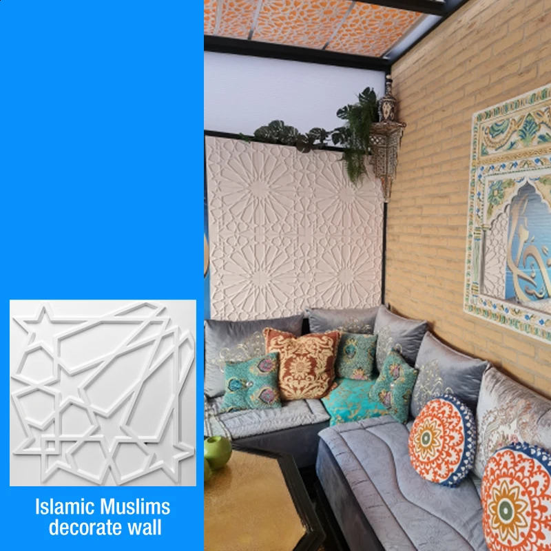 Islamic Mosque Morocco Decor Wall Art Painting Golden 3D Wall Stickers Muslim 3D Wall Panel Bohemia Arab Modern Home Room Decor 240731
