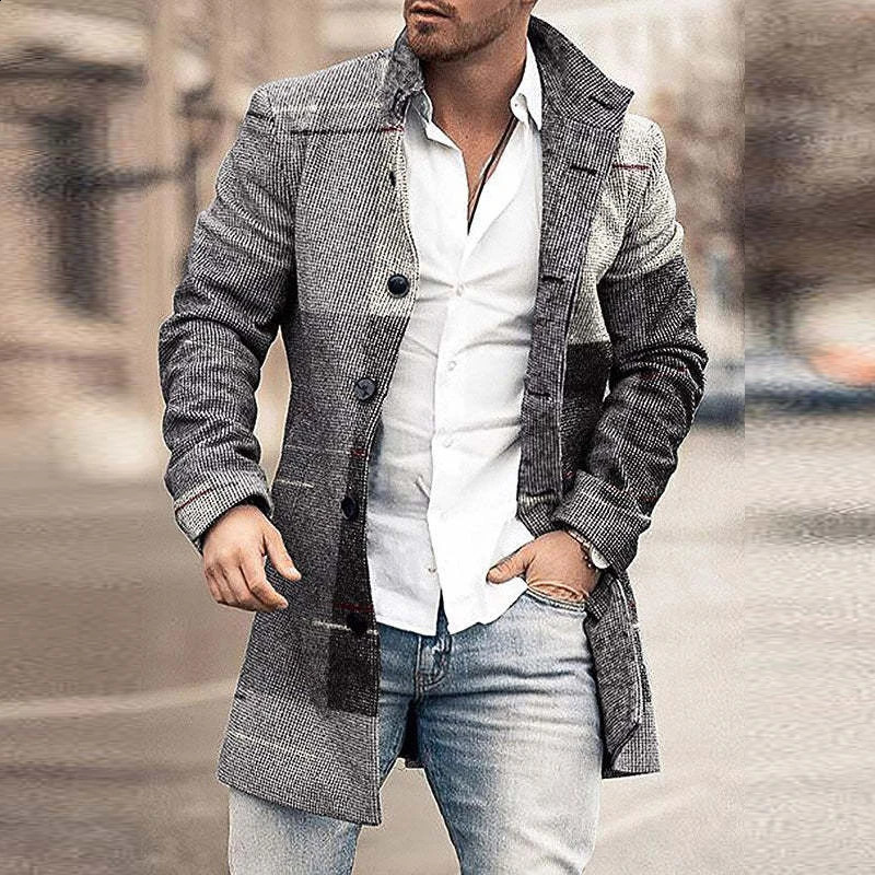 Autumn Winter Retro Print Woolen Coat Men Casual Single Breasted Lapel Long Sleeve Coat Men Fashion Loose Pocket Mid Long Jacket 240731