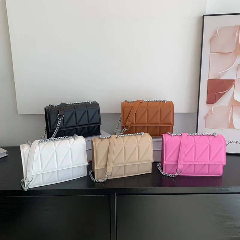 Solid Color Chain Strap Flap Shoulder Bag Ladies Handbags Embroidery Plaid Crossbody Bags For Women Daily Used y240826
