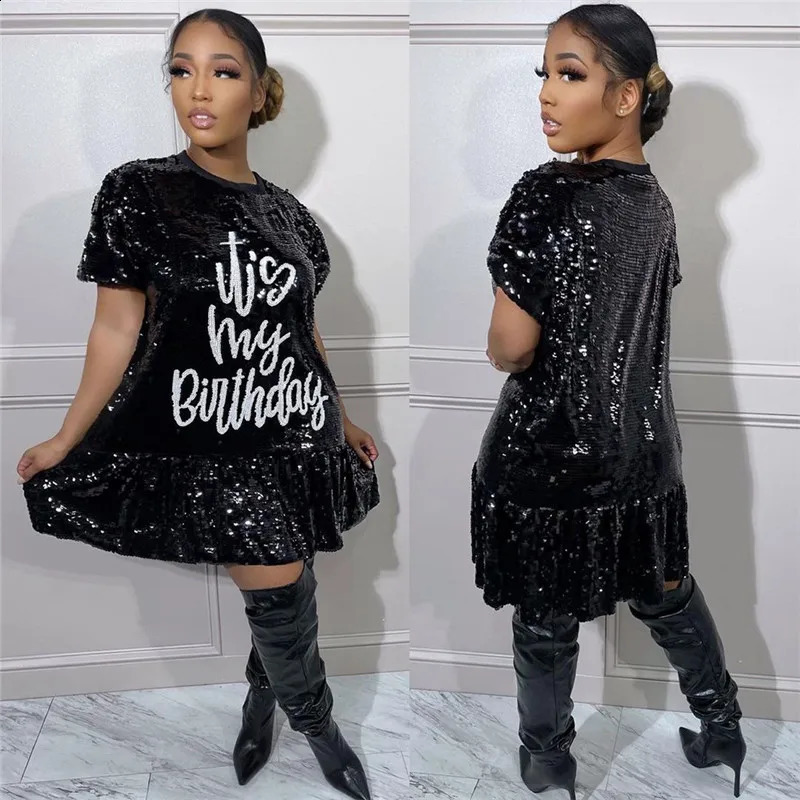 Summer Women Short Sleeve Letter Sequins Shiny Casual T Shirt Dress Ruffles Hem Glitter Loose Birthday Party A-line Dress 240731