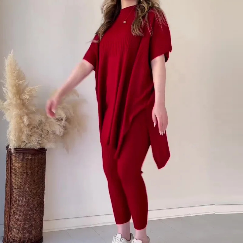Plus-size Loose Knit Pant Sets Casual Two-piece Set Round Neck Bat Loose Tops and Knitted Trousers Lady Fashion Elegant Pullover 240813