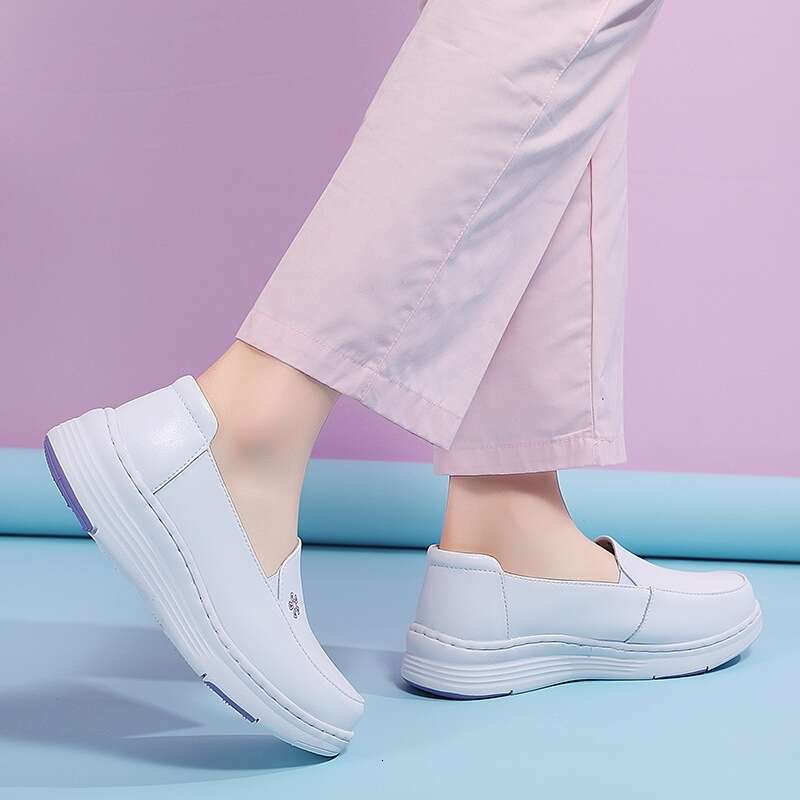 S Leather Ddmysports Nurse Hospital Work Women White Shoes Anti Slip And Breathable Thick Leather Soft Soled Flat Outdoor Shoes hoes lip oft oled hoes