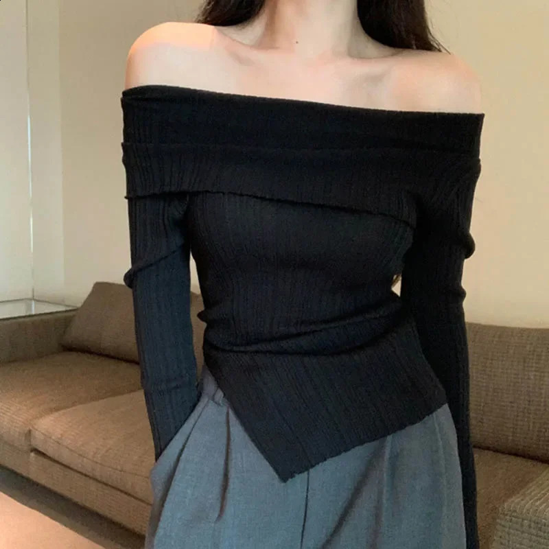 Womens Autumn Split Irregular Shoulder Black Long Sleeve Underwear Knitted Sweater 240812