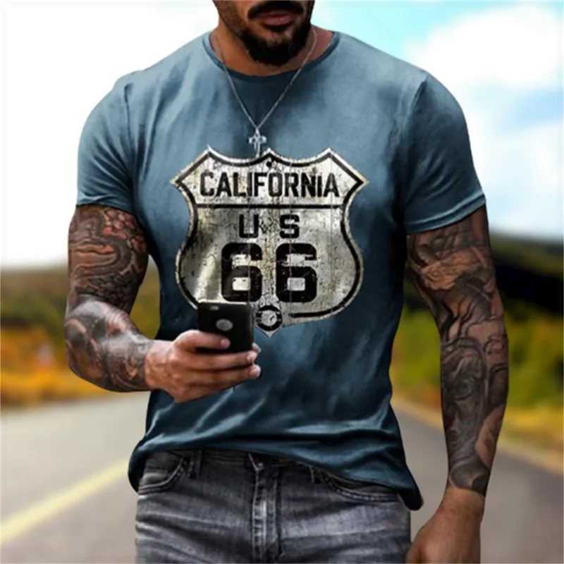 2024 Summer New Male T-Shirts Of Large Sizes Vintage Loose Clothing Short Fashion America Route 66 Printed Letters Men Tops TeeM240731