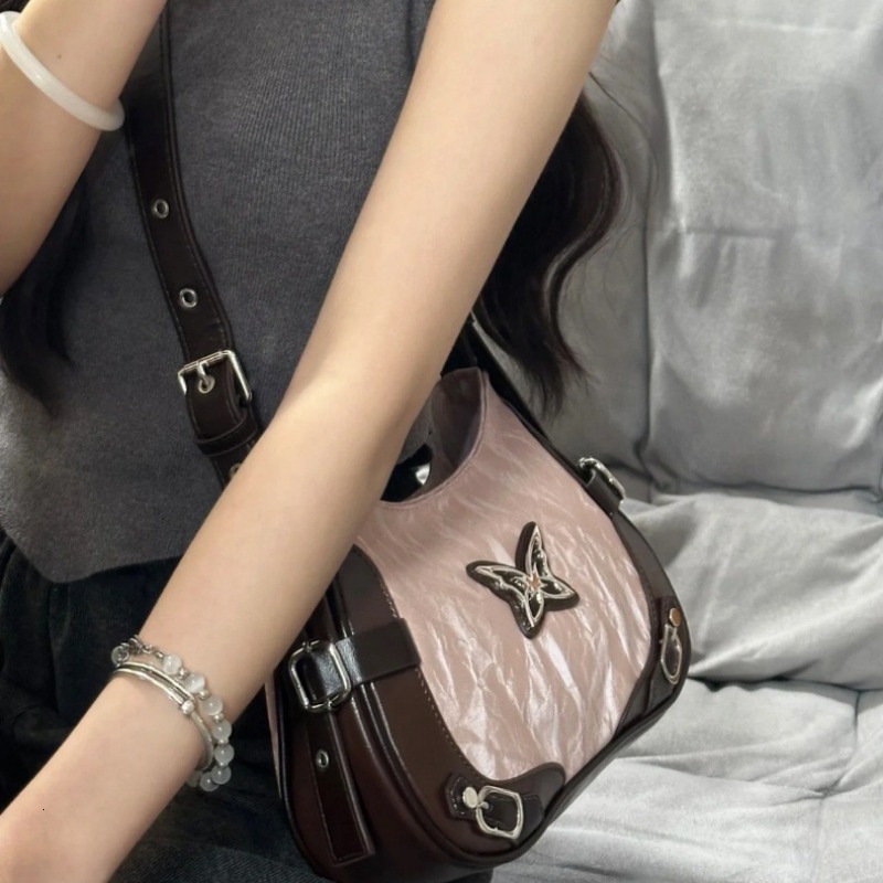 Y2k Womens Shoulder American Vintage Style Contrast Color Fashion Handbag Butterfly Haruku Pink Ladies Armpit Bag H731#26 ddmy 5c2e