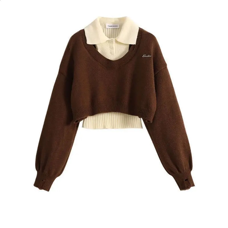 Autumn and Winter Set Womens Korean Knitted Sweater Womens Polo Neck Tank Top Versatile Workwear Three Piece Set 240731