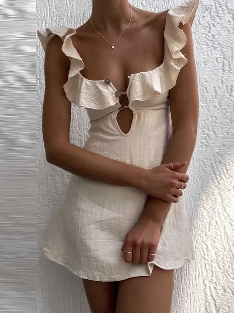 Sexy Cotton Linen Hollow Button Mini Dress Square Neckline Strapless Short Skirt 2024 Summer Street Vest 24