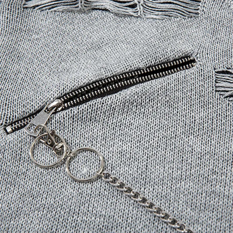 Vintage Oversized Sweater Y2K Grunge Knitted Ripped Hole Sweaters with Chain Hip Hop Punk Gothic Loose Zipper Jumpers Streetwear 240731