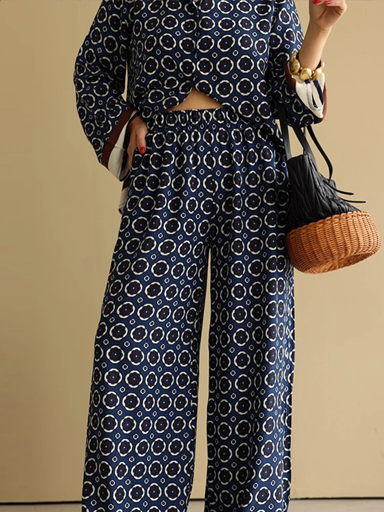 Printed Contrast Women Pant Sets Loose Full Sleeve Suit With Blouses Casual Wide Leg Outwear Pants Female Shirt 2 Pcs Set 240731