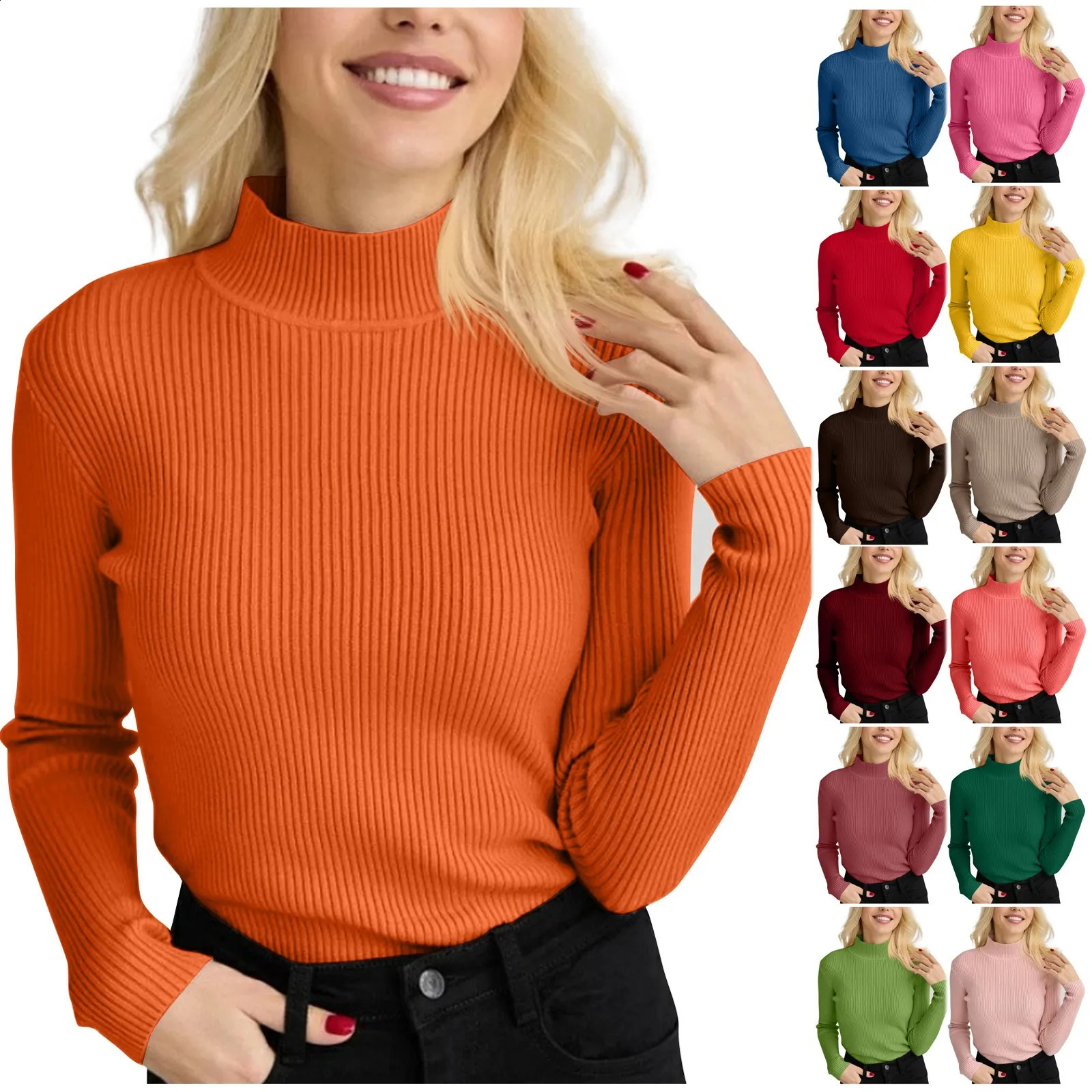 Autumn Winter Womens Sweater Half High Neck Solid Slim Fit Versatile Knitted Round Long Sleeves Pullover 240730