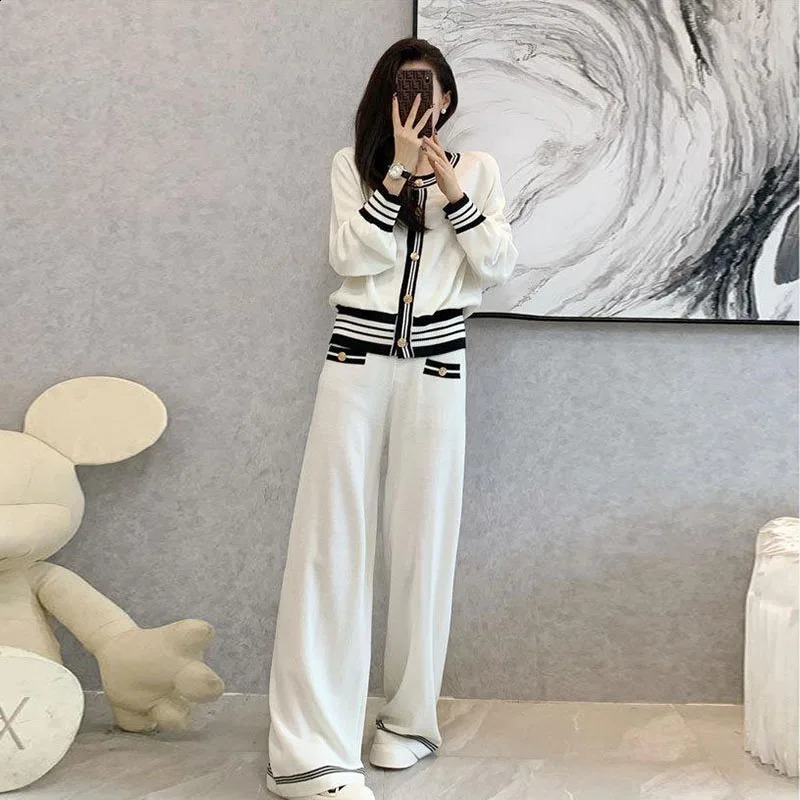 Korean Fashion Knitted Suit Women Outfits Chic 2 Piece Set Elegant Crew Neck Long Sleeve Sweater Cardigan And Wide Leg Pant Suit 240731