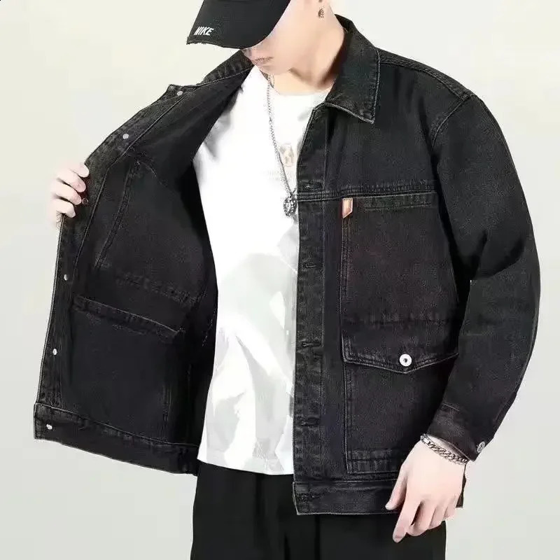 Denim Jackets Man Wool with Sheep Jeans Coat Overcoat Black Wide Shoulders Padded Warm Padding for Men Loose Big Size L Y2k Rock 240816