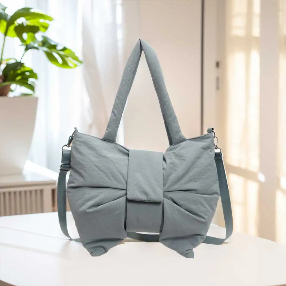 Women Bowknot Shaped Shoulder Bag Adjustable Strap Nylon Handbag Solid Color Large Capacity Satchel Purse for Travel Shopping 240731