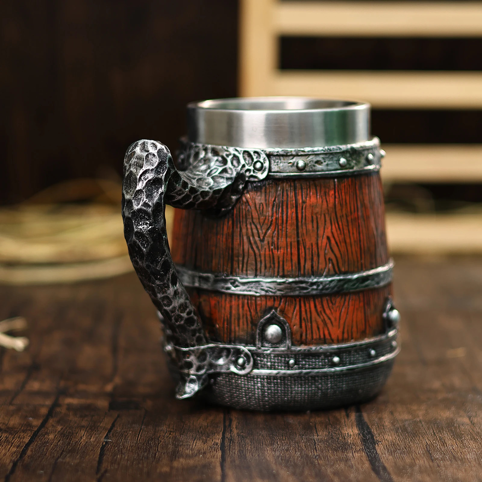 Medieval Stainless Steel Tankard Resin Retro Viking Beer Wooden Decoration Mug for Holiday Theme Party Friends Gift 240730