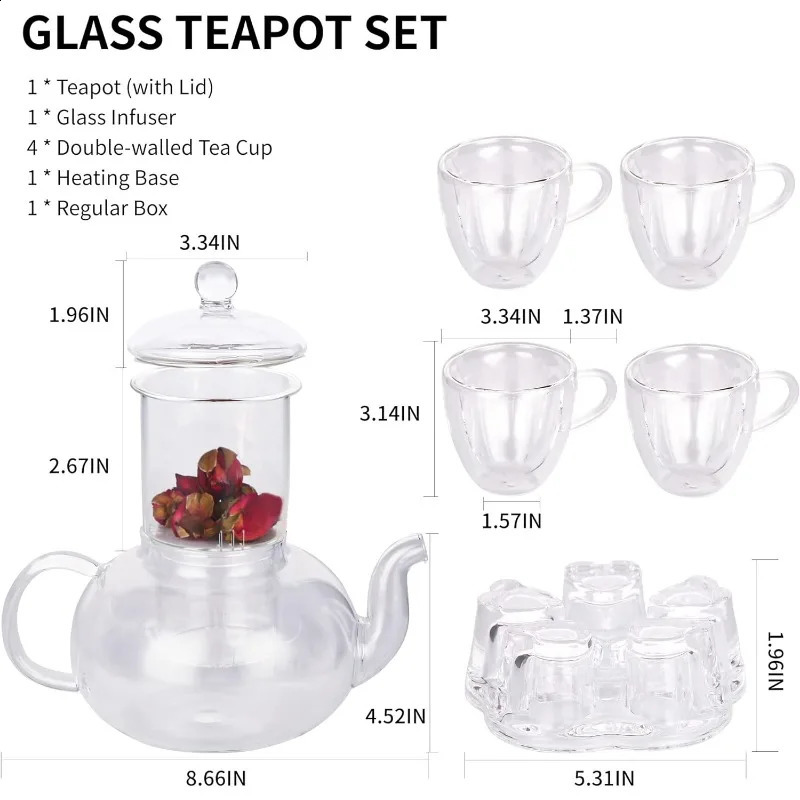 Glass Teapot Set 40OZ/1200ml Stovetop Safe Glass Tea Kettle with Removable Infuser Tea Warmer Tea Cups and Saucers Set of 4 240731
