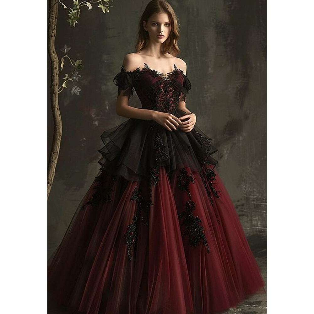 Burgundy And Black Gothic Wedding Dresses With Off Shoulder Short Sleeves Beaded Appliques Tiered A-Line Vintage Wedding Gown For Bride Women 2024