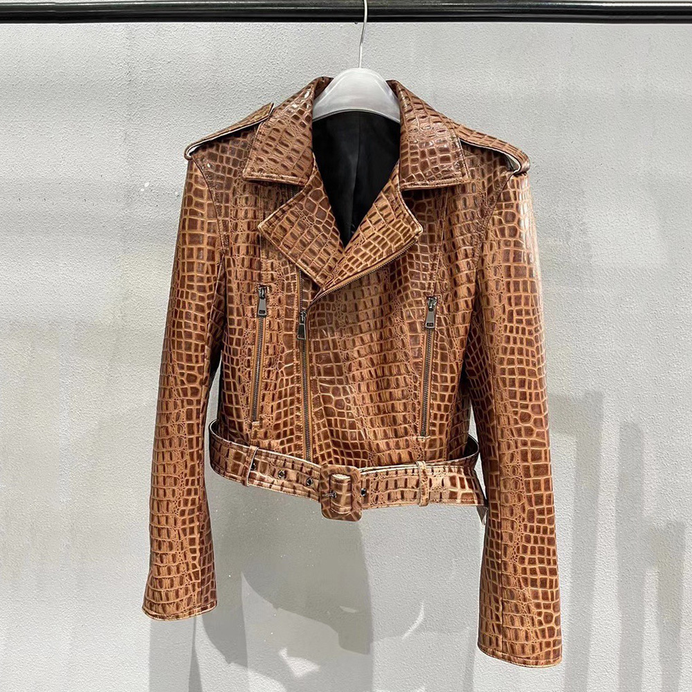 HK246130 Customized Leather Clothes Luxury Fashion Crocodile patterned cowhide Women European Locomotive Punk Spring and Autumn Short Style