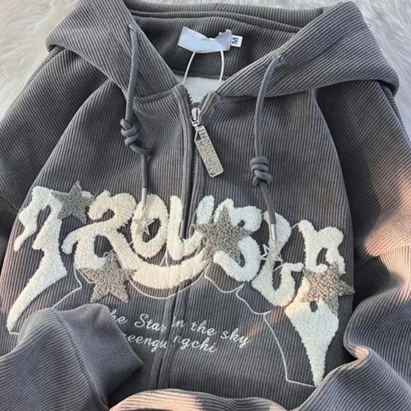Women Retro Embroidery Hoodies Autumn Winter Zip Up Long Sleeve Loose Jacket Coats Y2K Casual Pocket Hooded Sweatshirts o240813