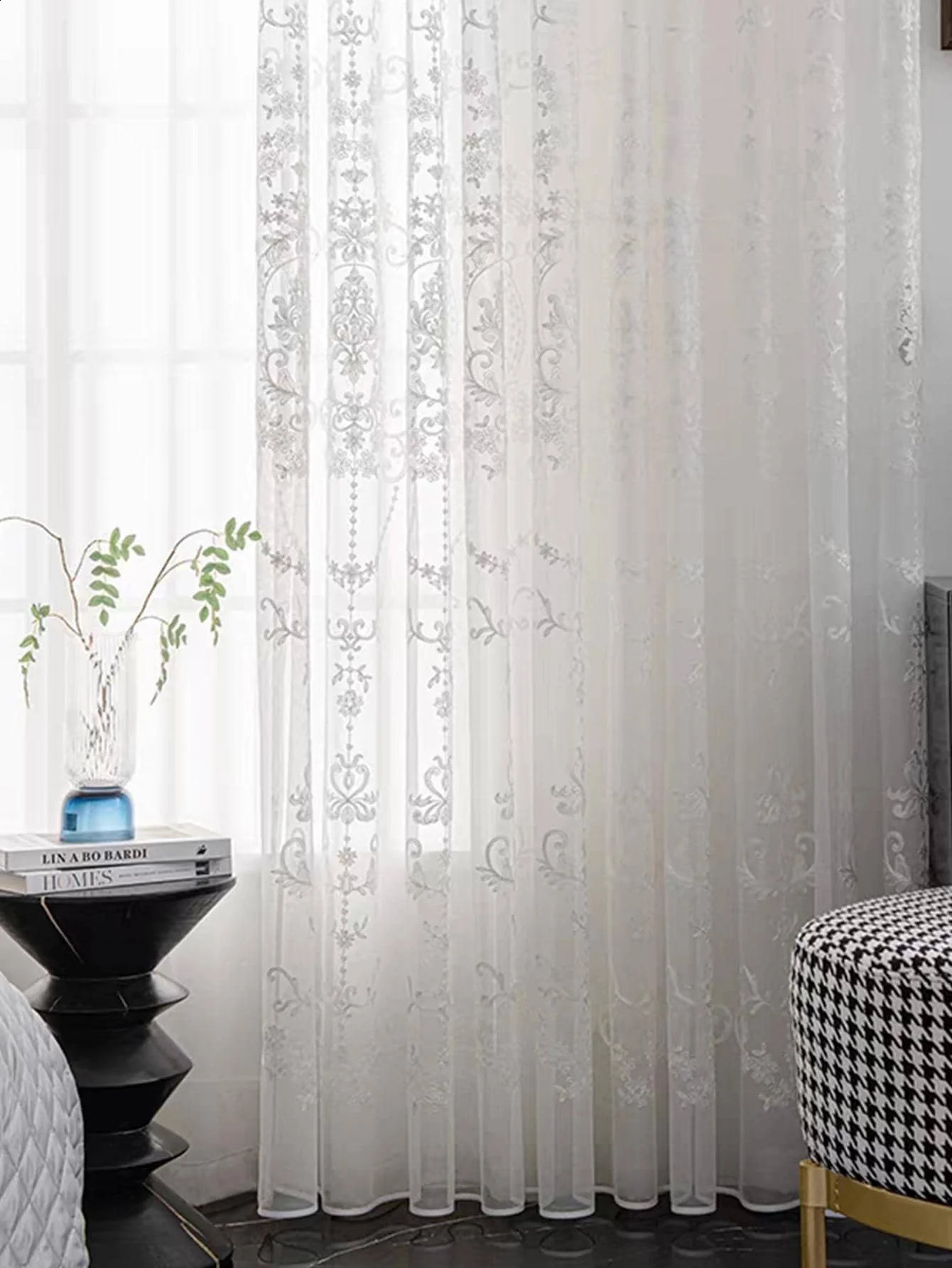 Sheer Curtains White Embroidered Floral Voile Drapes for Living room Bedroom 240730