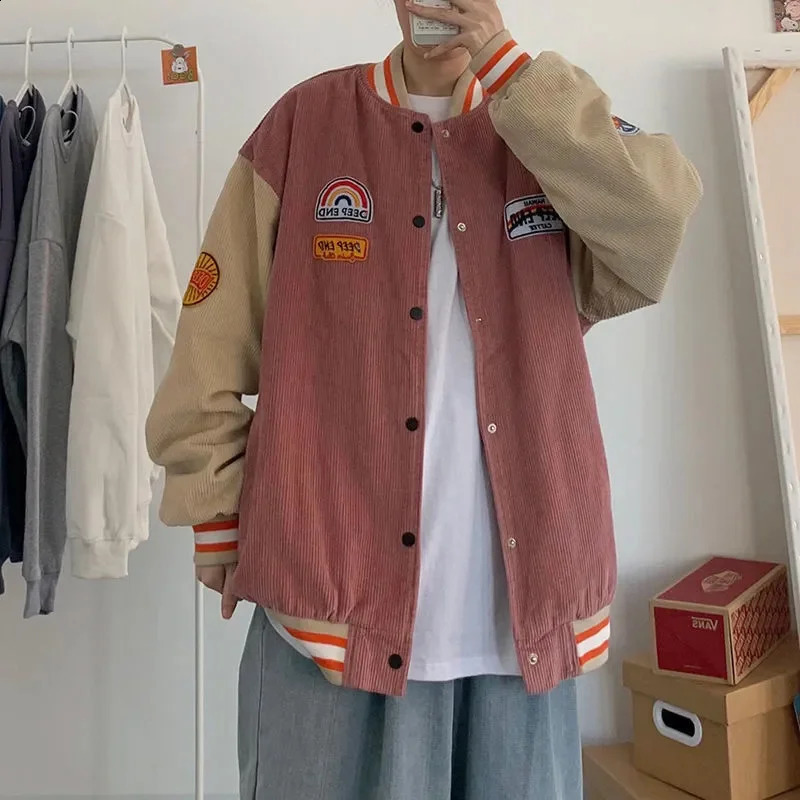 Trendy Mens Baseball Jacket Spring And Autumn Style Embroidered Letters Corduroy Loose Jacket Sportswear Harajuku Retro Uniform 240816
