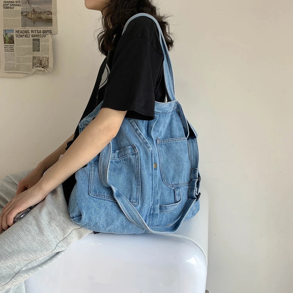 Retro messenger bag denim fashionable shoulder large capacity handbag retro travel 240731