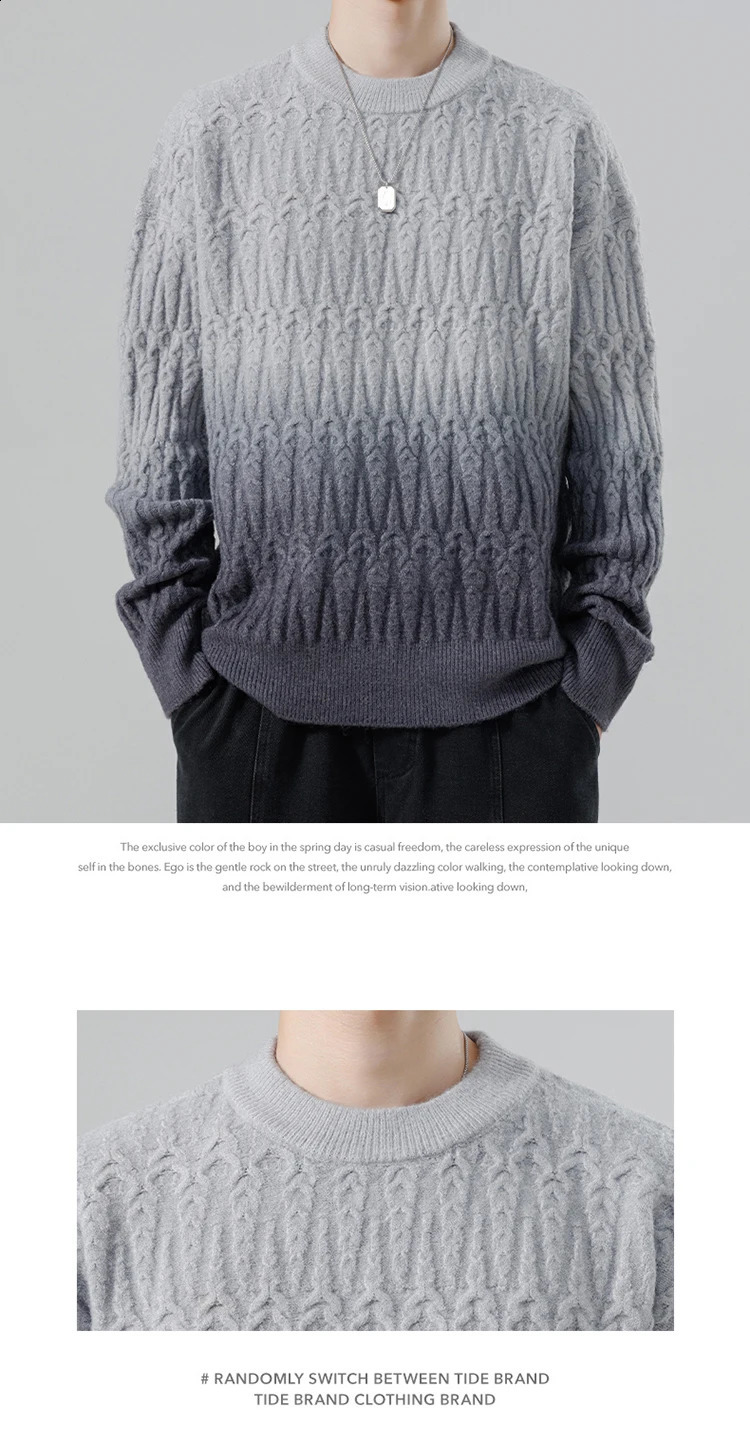 Mens Autumn Winter Harajuku Sweater Mens Casual Loose Gradient Color Round Neck Knitted Pullover Street Hip Hop Sweatshirt 240821