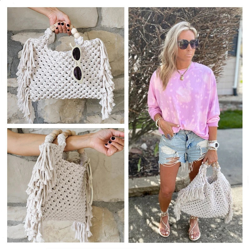 Crochet Bohemian chic summer edge beach rame handbag beige blue market bag vintage style 240731 c13d 4