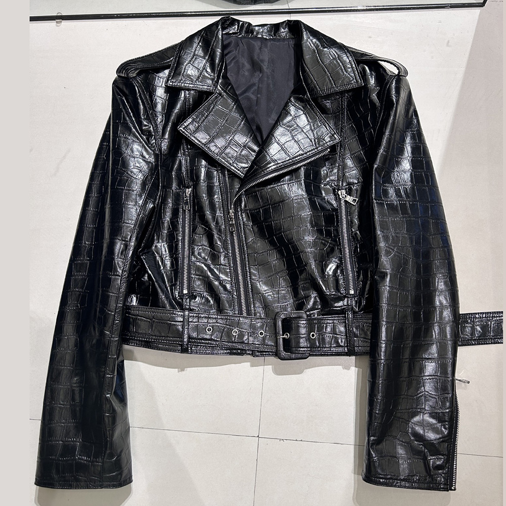 HK246130 Customized Leather Clothes Luxury Fashion Crocodile patterned cowhide Women European Locomotive Punk Spring and Autumn Short Style