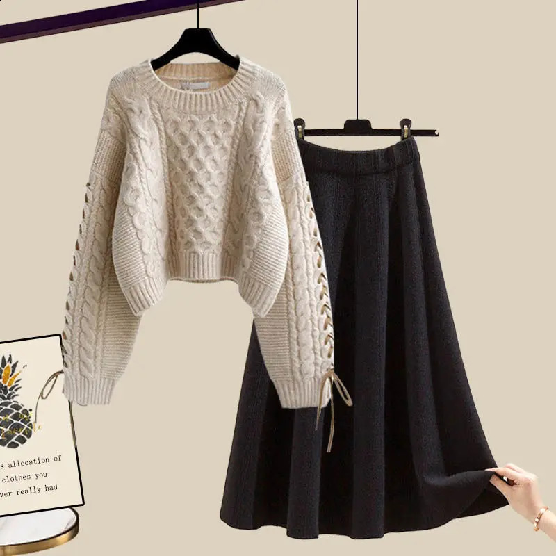 Autumn and Winter Set Womens Korean Edition Age Reducing Loose Sweater High Waist Mid Length Half Skirt Two Piece Set 240809