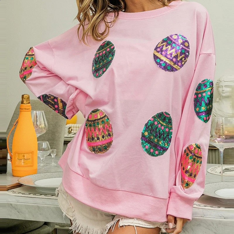 Easter Egg Women Sequin Hoodies Autumn Winter Sweatshirts Loose Casual Tops Spliced Sweatshirts Work Y2k Oversized Hoodie 240813