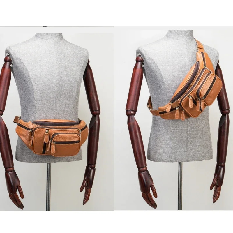 Genuine Leather Waist Packs Men Vintage Cow Fanny Pack Chest Bag Travel Shoulder Belt Casual Crossbody Couple 240730