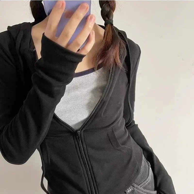 Deeptown Vintage Zip Up Cropped Hoodies Women Korean Style Streetwear Hooded Sweatshirts Kpop Solid Color Y2k Long Sleeve Tops 240816
